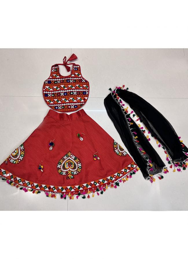 Art Silk Red Navratri Wear Kutchi Work Readymade Kids Lehenga Choli